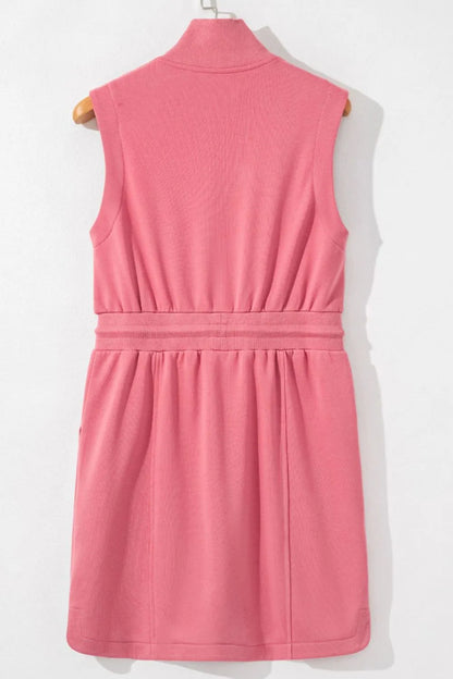 French Terry Zipped Collar Sleeveless Drawstring Waist Mini Dress-Nordavory