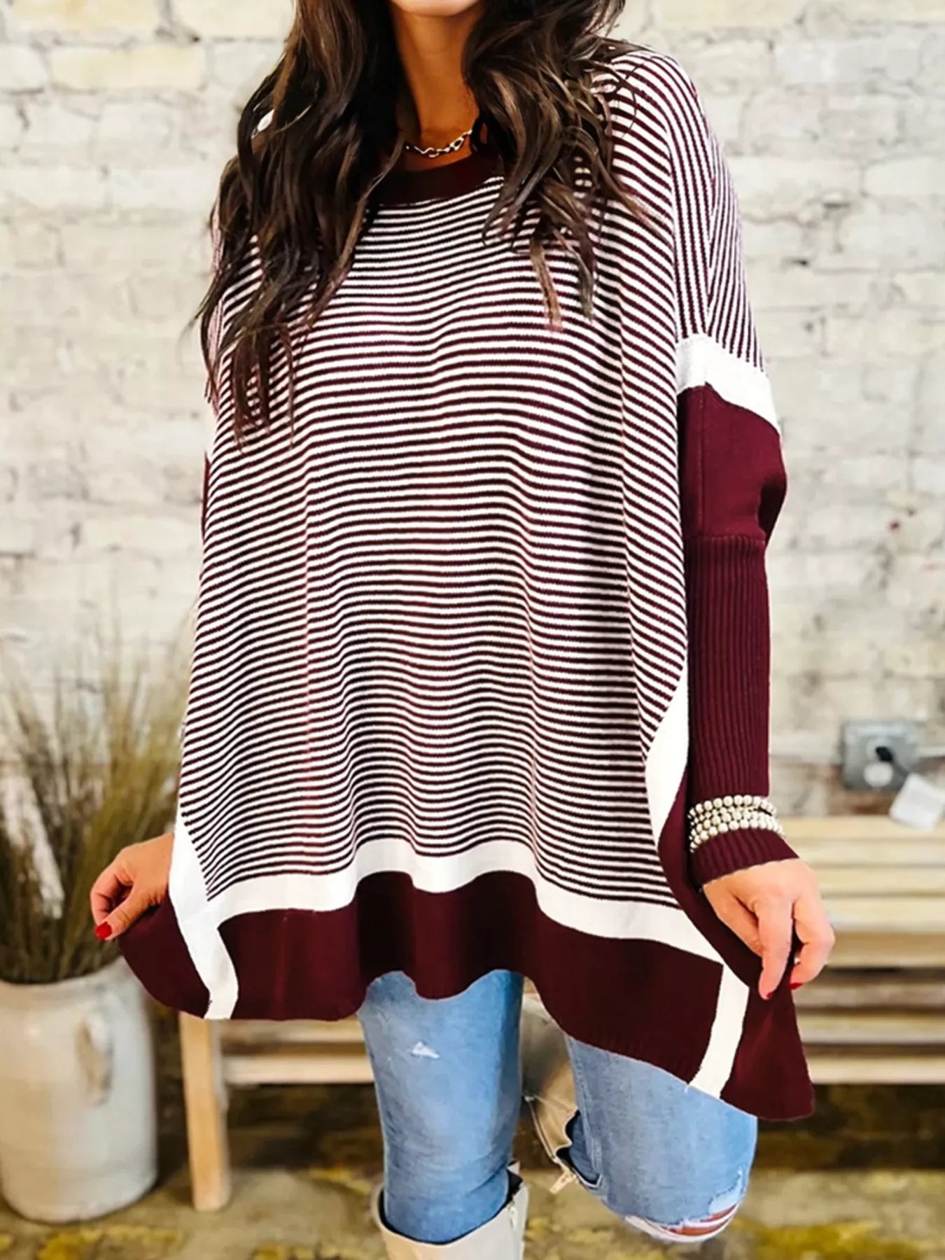 Stripe Color Block Patchwork Dolman Oversize Tunic Sweater-Nordavory