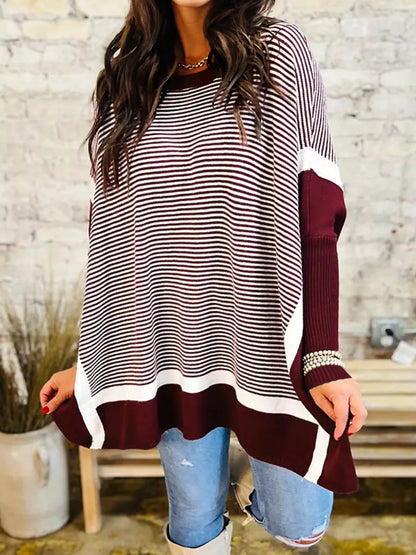 Stripe Color Block Patchwork Dolman Oversize Tunic Sweater-Nordavory