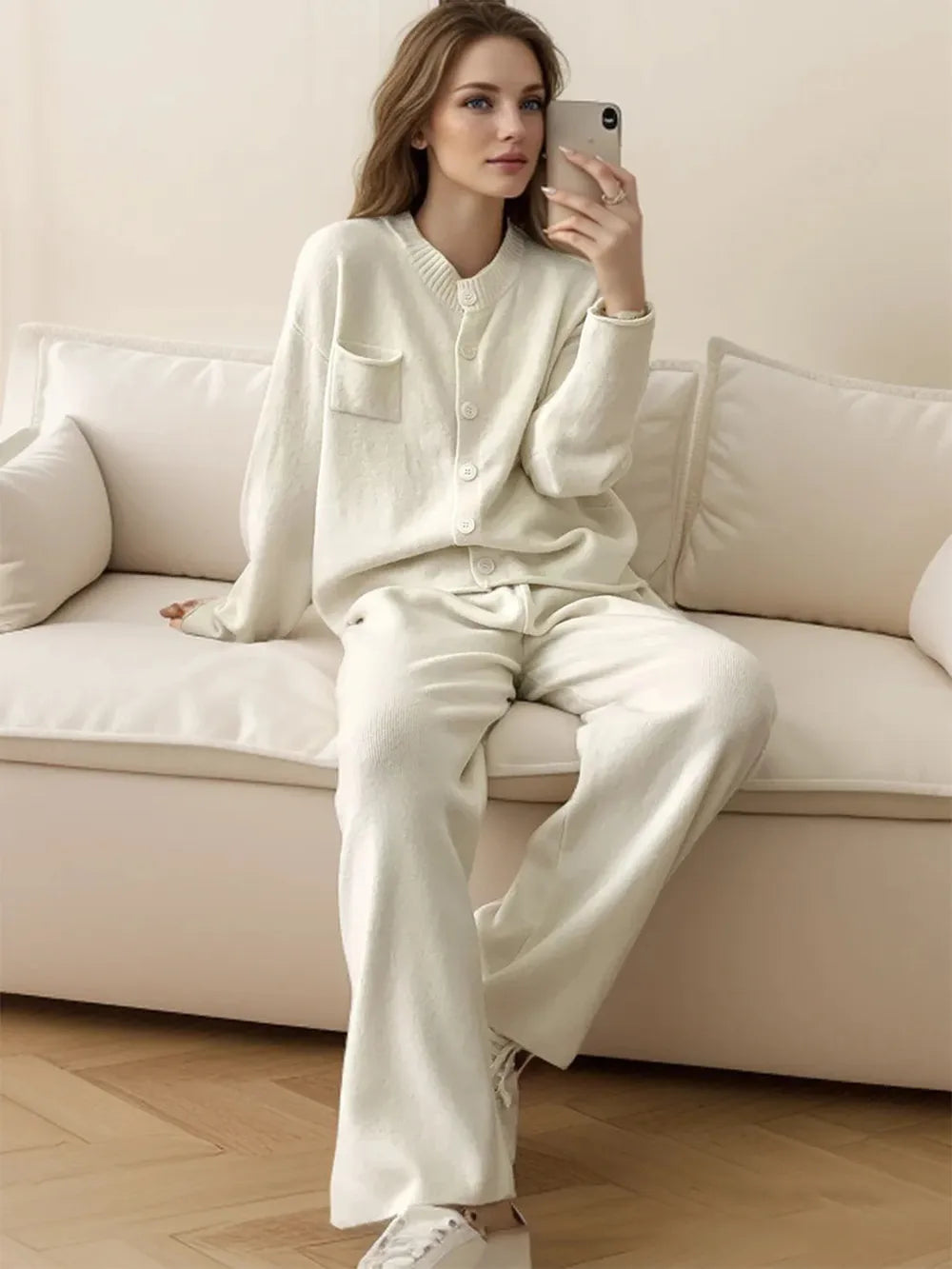 Pocketed Round Neck Button Up Cardigan and Pants Sweater Set-Nordavory