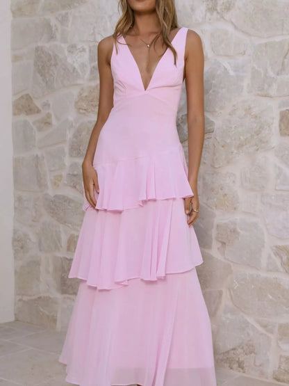Sleeveless Ruffled Layered Backless Maxi Dress-Nordavory