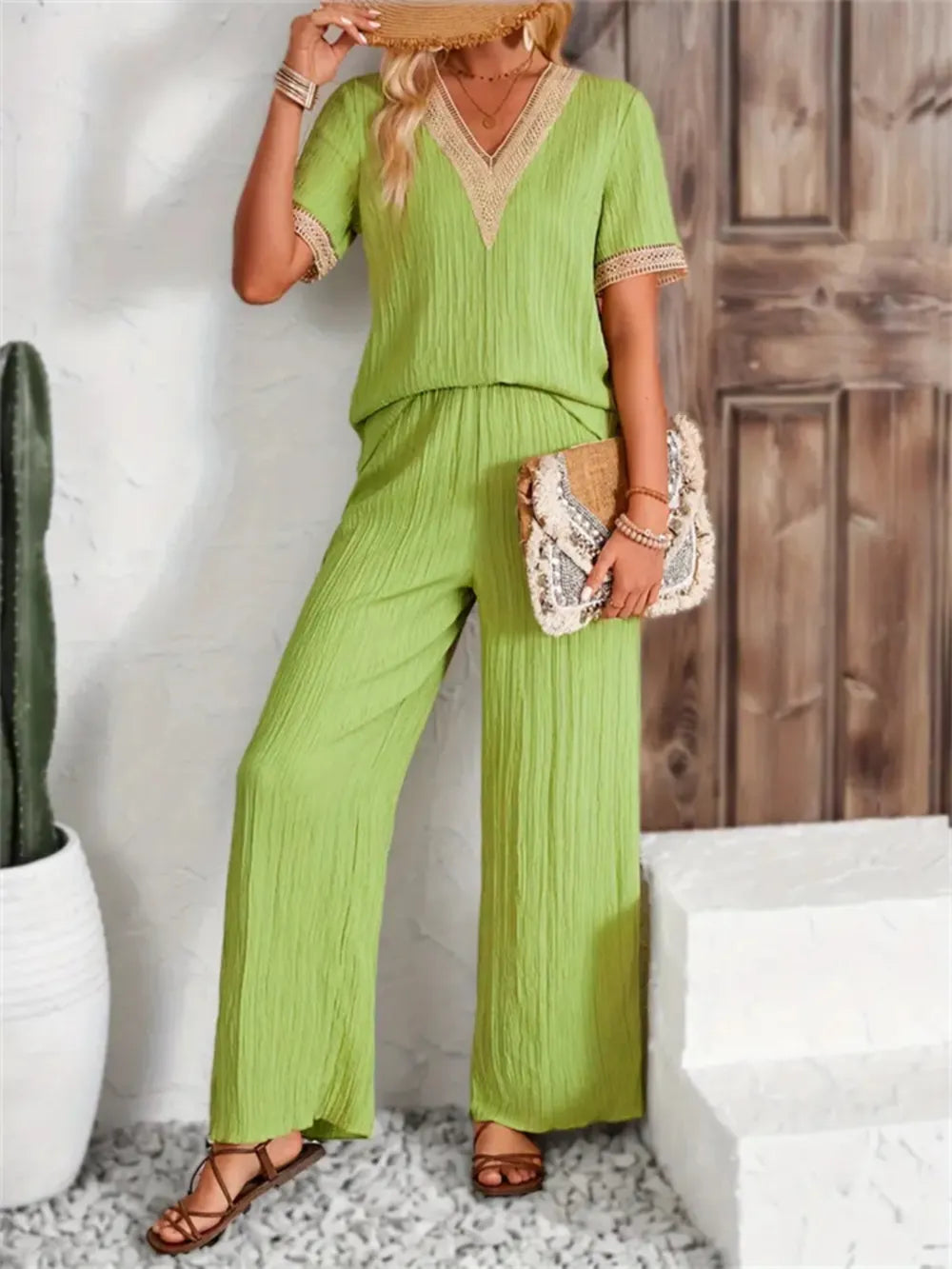 V-Neck Short Sleeve Top and Pants Set-Nordavory