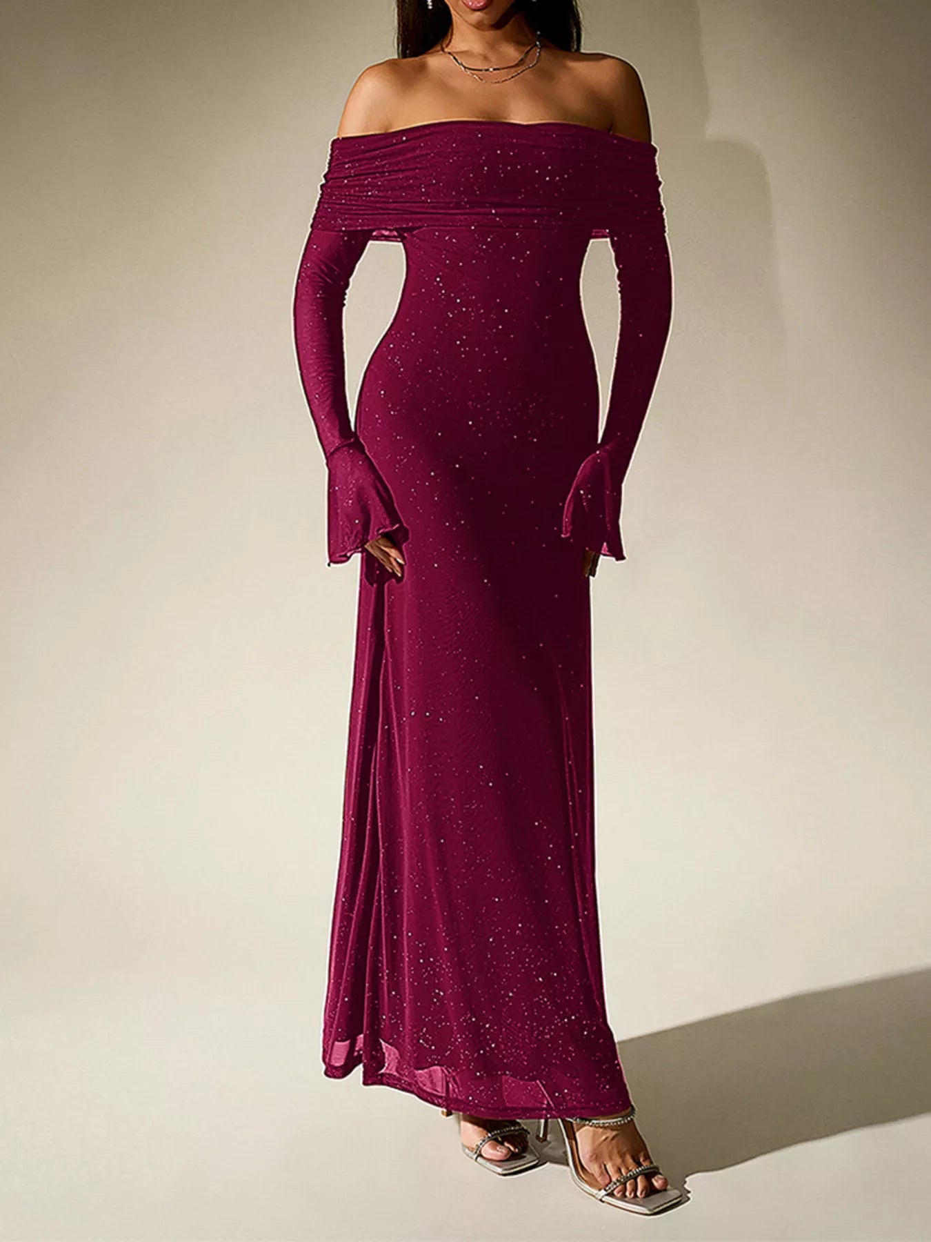Glitter Off-Shoulder Maxi Dress-Nordavory