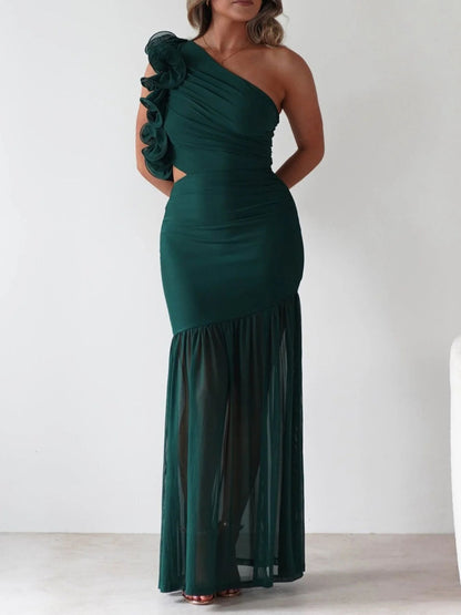 One-Shoulder Ruffle Trim Maxi Dress-Nordavory