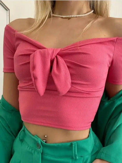 Off-Shoulder Bow-Tie Crop Top-Nordavory
