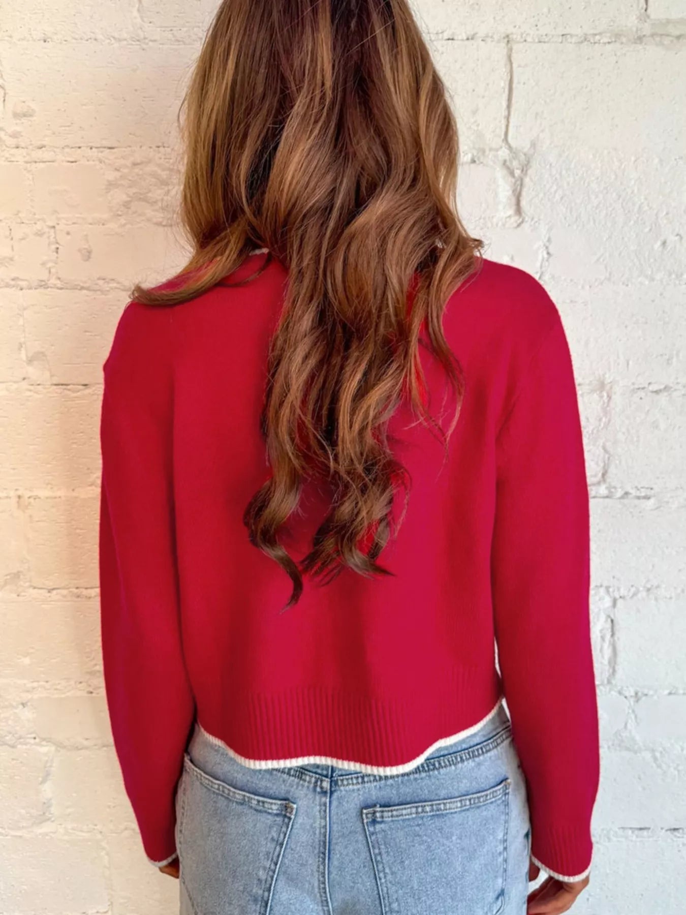 Contrast Trim Bow Accent Holiday Cropped Sweater-Nordavory