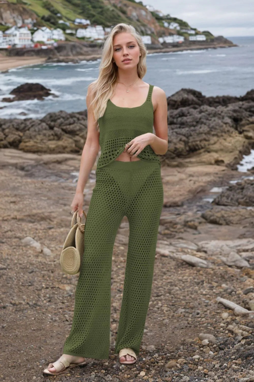 Hollow Out Round Neck Top and Pants Sweater Cover Up Set-Nordavory