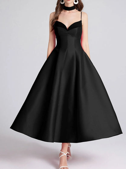 Sweetheart Spaghetti Strap Midi Dress with Collar-Nordavory