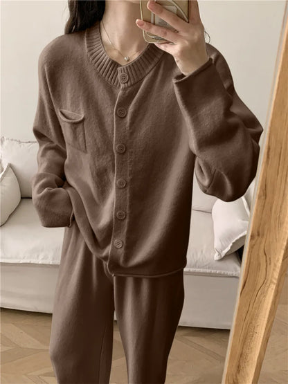 Pocketed Round Neck Button Up Cardigan and Pants Sweater Set-Nordavory