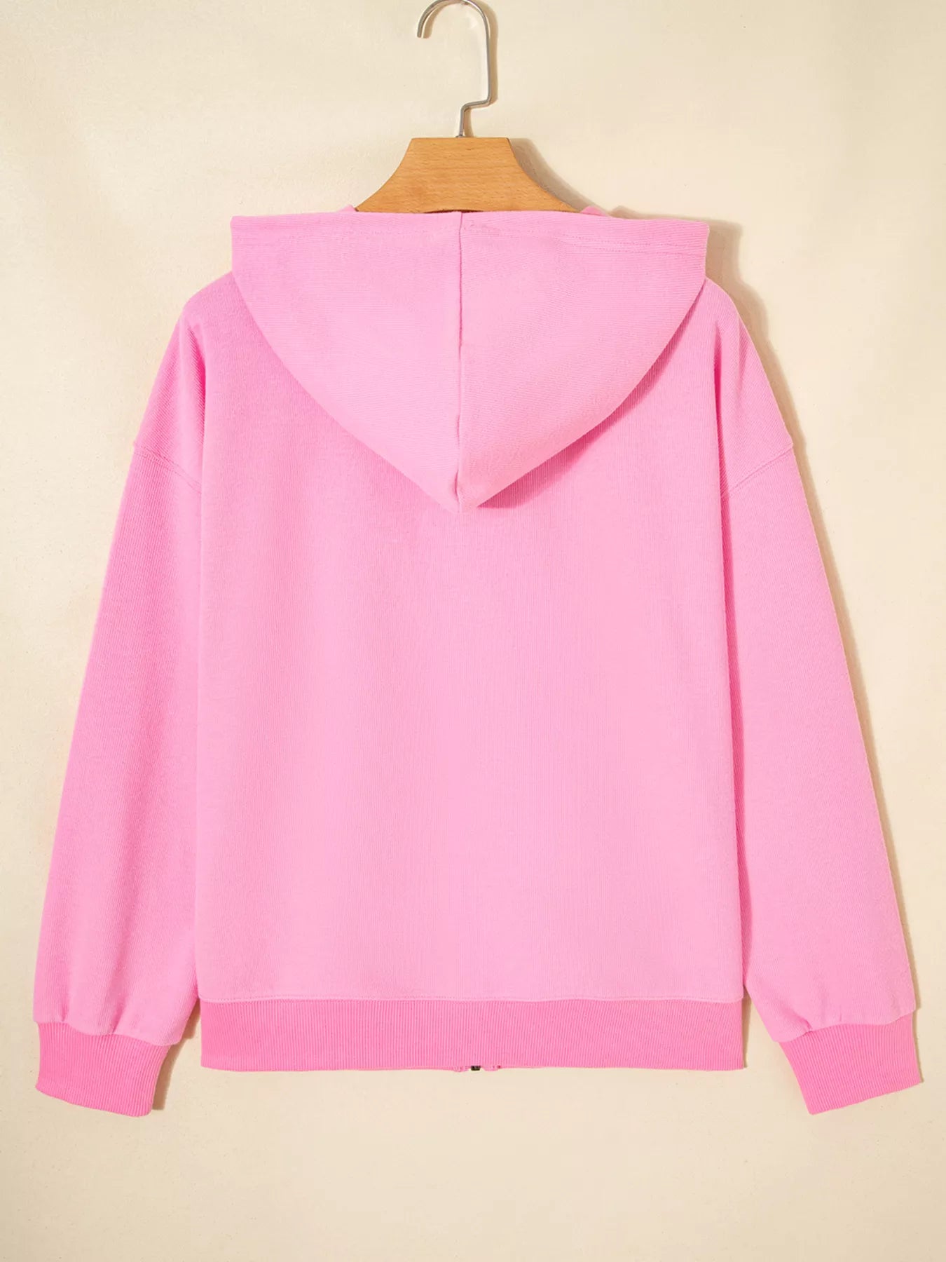 Solid Color Ribbed Zip Up Drawstring Hooded Jacket-Nordavory