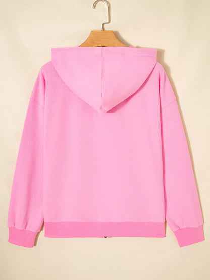 Solid Color Ribbed Zip Up Drawstring Hooded Jacket-Nordavory
