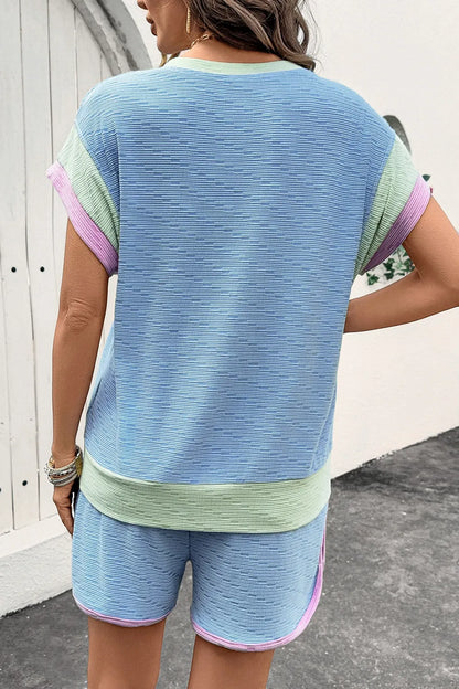 Contrast Round Neck Top and Shorts Set-Nordavory