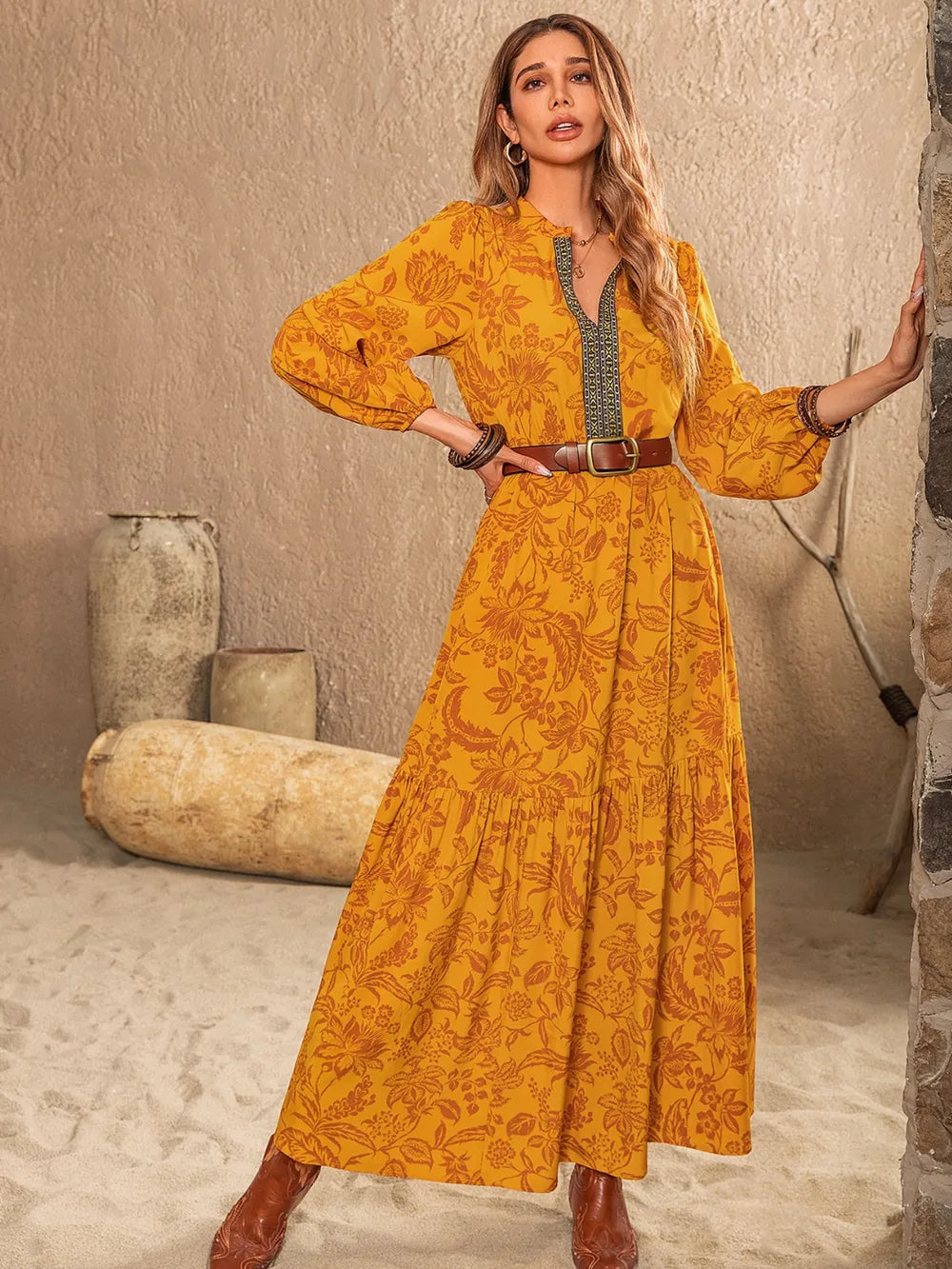 Printed Notched Balloon Sleeve Dress-Nordavory