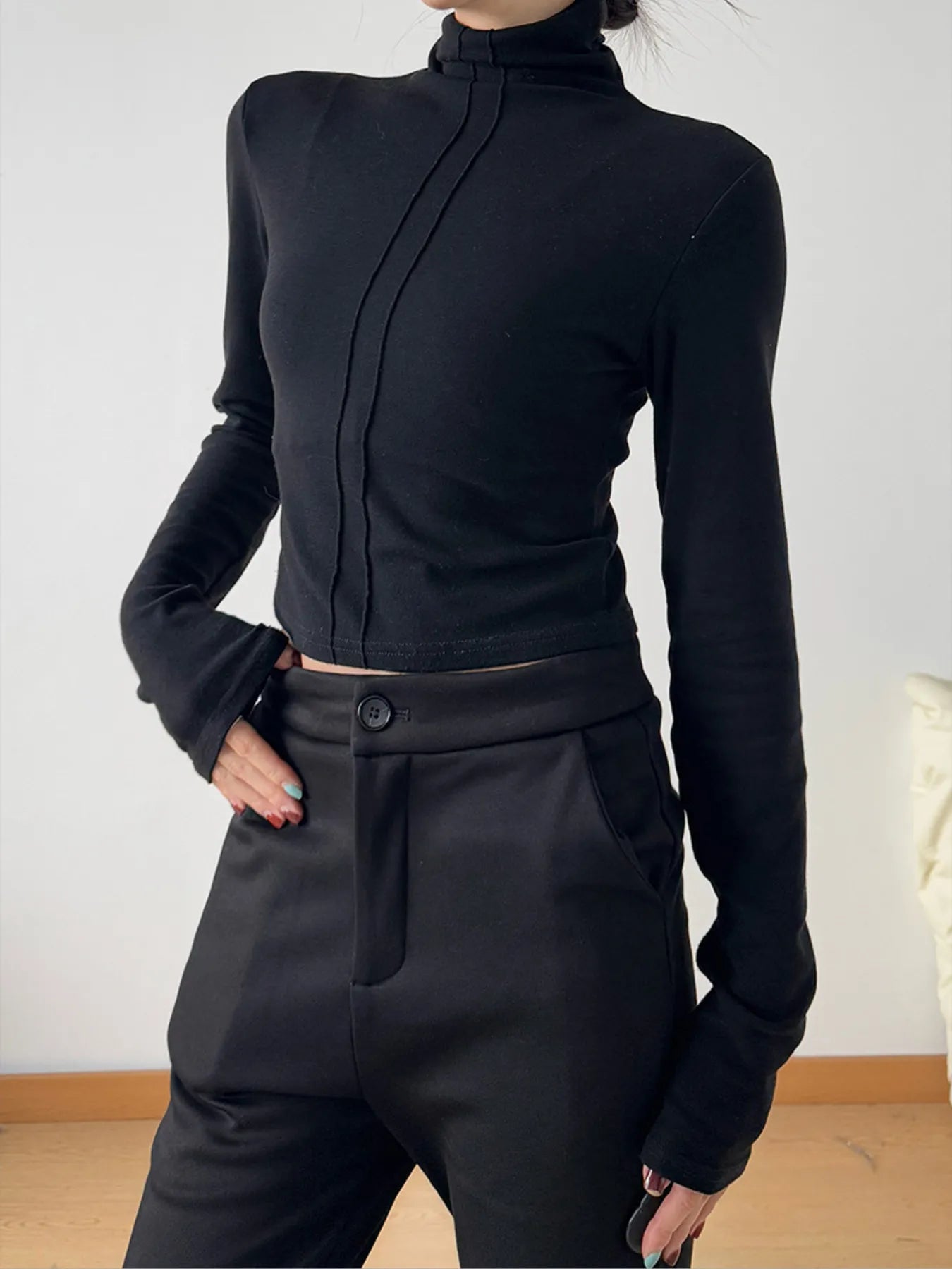 High Neck Long Sleeve Cropped T-Shirt-Nordavory