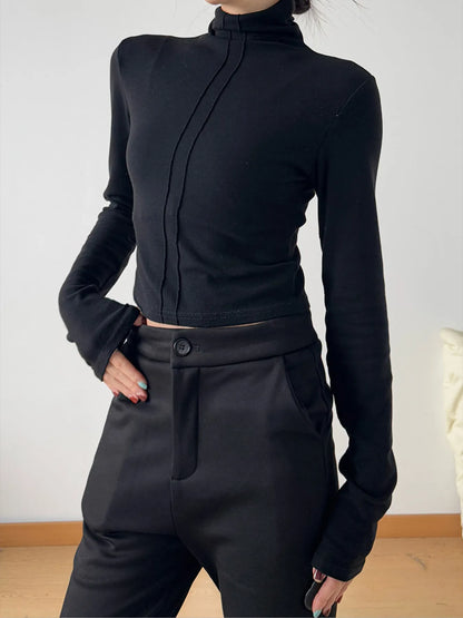 High Neck Long Sleeve Cropped T-Shirt-Nordavory