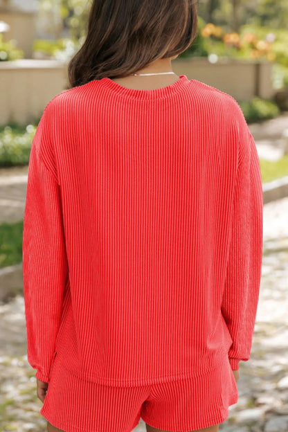 Sequin Heart Round Neck Long Sleeve Top and Shorts Set-Nordavory