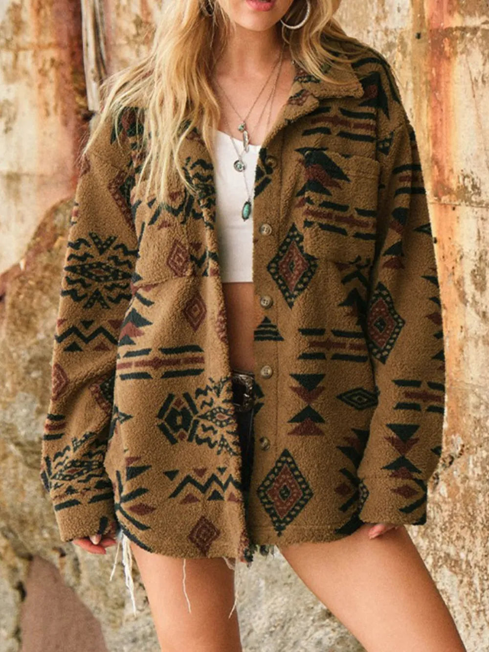 Geometric Button Up Long Sleeve Sherpa Jacket-Nordavory