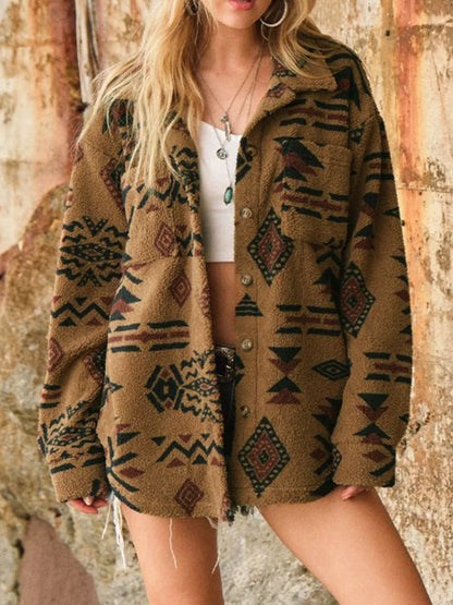Geometric Button Up Long Sleeve Sherpa Jacket-Nordavory