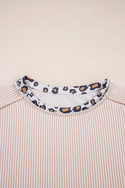 Leopard Trim Round Neck Ribbed T-Shirt-Nordavory