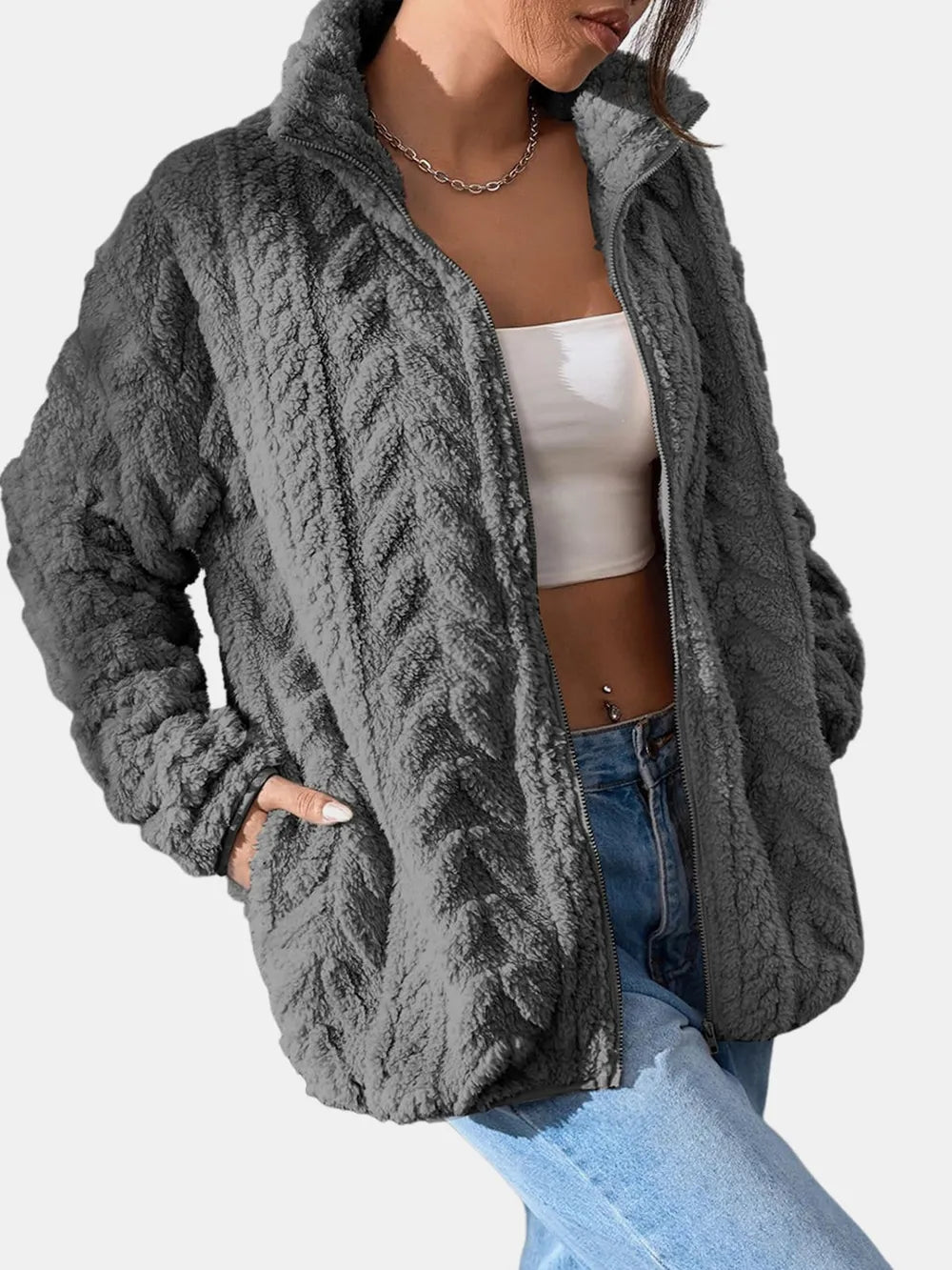 Fuzzy Zip Up Long Sleeve Jacket-Nordavory