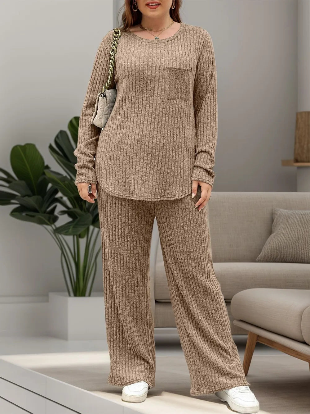 Round Neck Long Sleeve Top and Pants Set-Nordavory