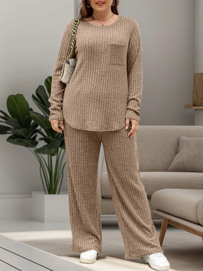 Round Neck Long Sleeve Top and Pants Set-Nordavory