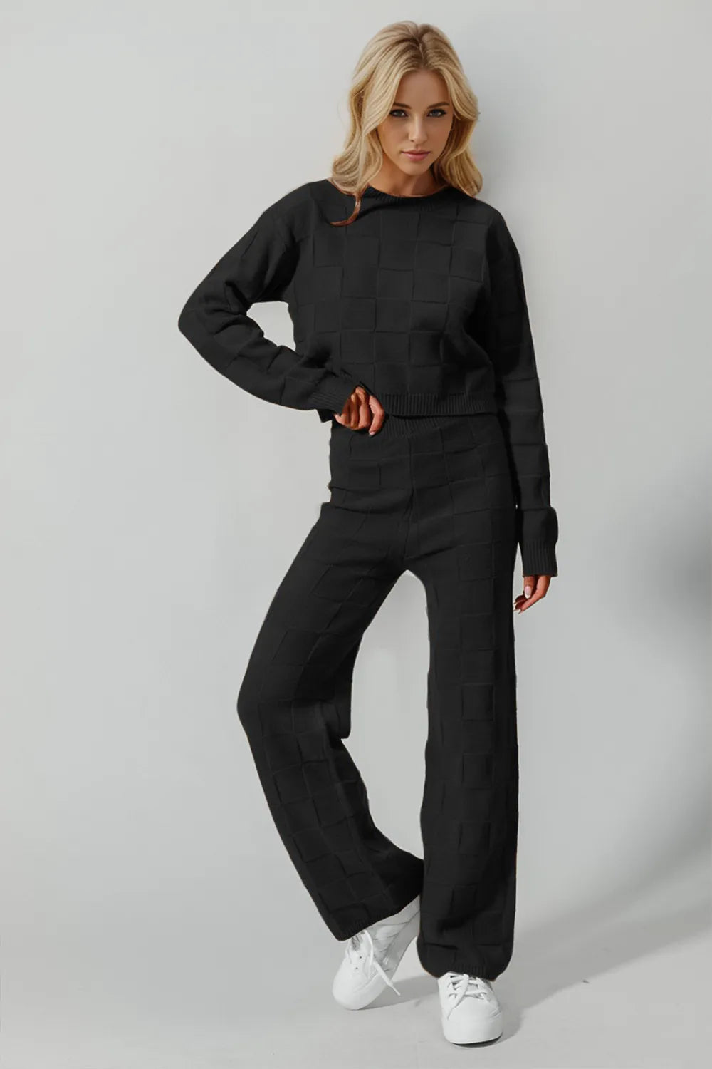 Double Take Full Size Checkered Round Neck Top and Pants Set-Nordavory