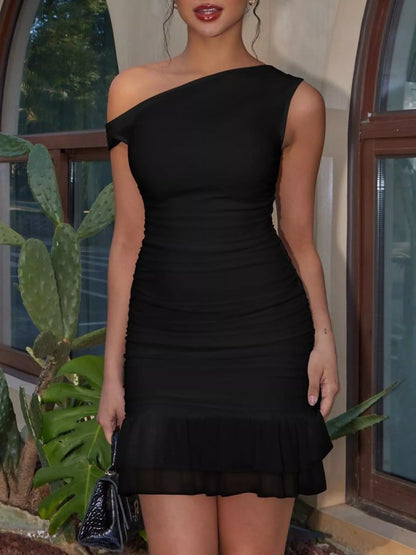 Ruffled Single Shoulder Mini Dress-Nordavory