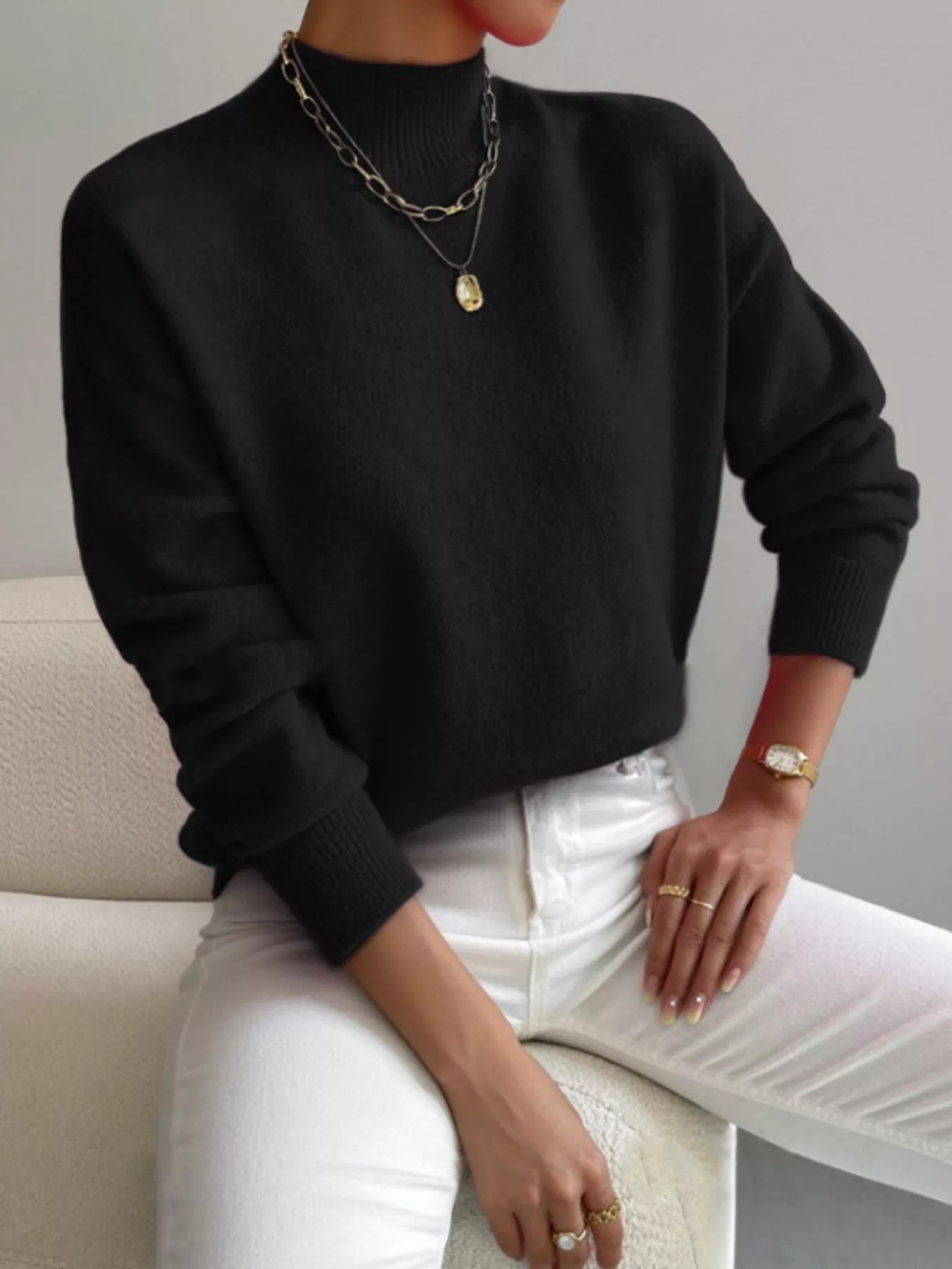 Mock Neck Dropped Shoulder Sweater-Nordavory