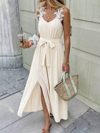 Lace Trimmed Slit Maxi Dress-Nordavory