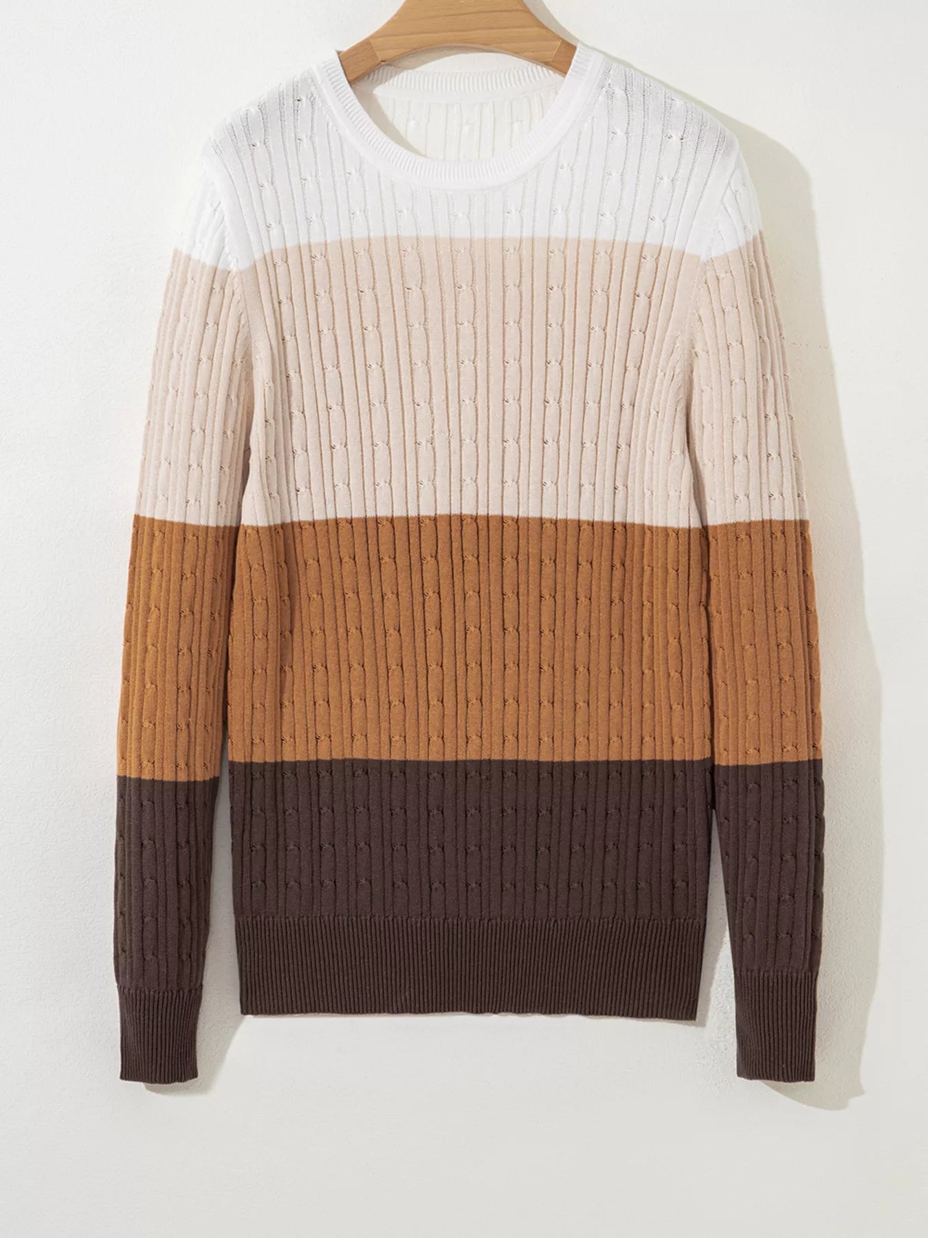 Colorblock Cable Knit Round Neck Sweater-Nordavory