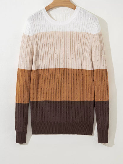Colorblock Cable Knit Round Neck Sweater-Nordavory