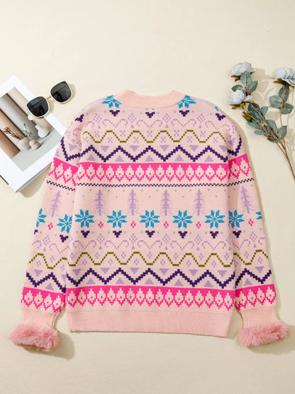 Multicolour Ethnic Christmas Pattern Knit Feather Cuffed Sweater-Nordavory