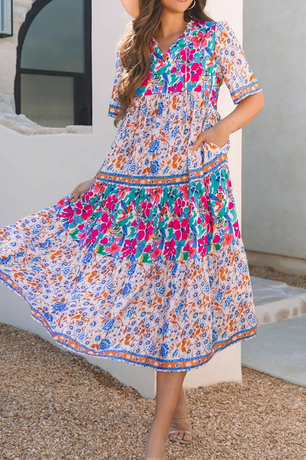Mixed Floral Print Tie Neck Short Sleeve Dress-Nordavory
