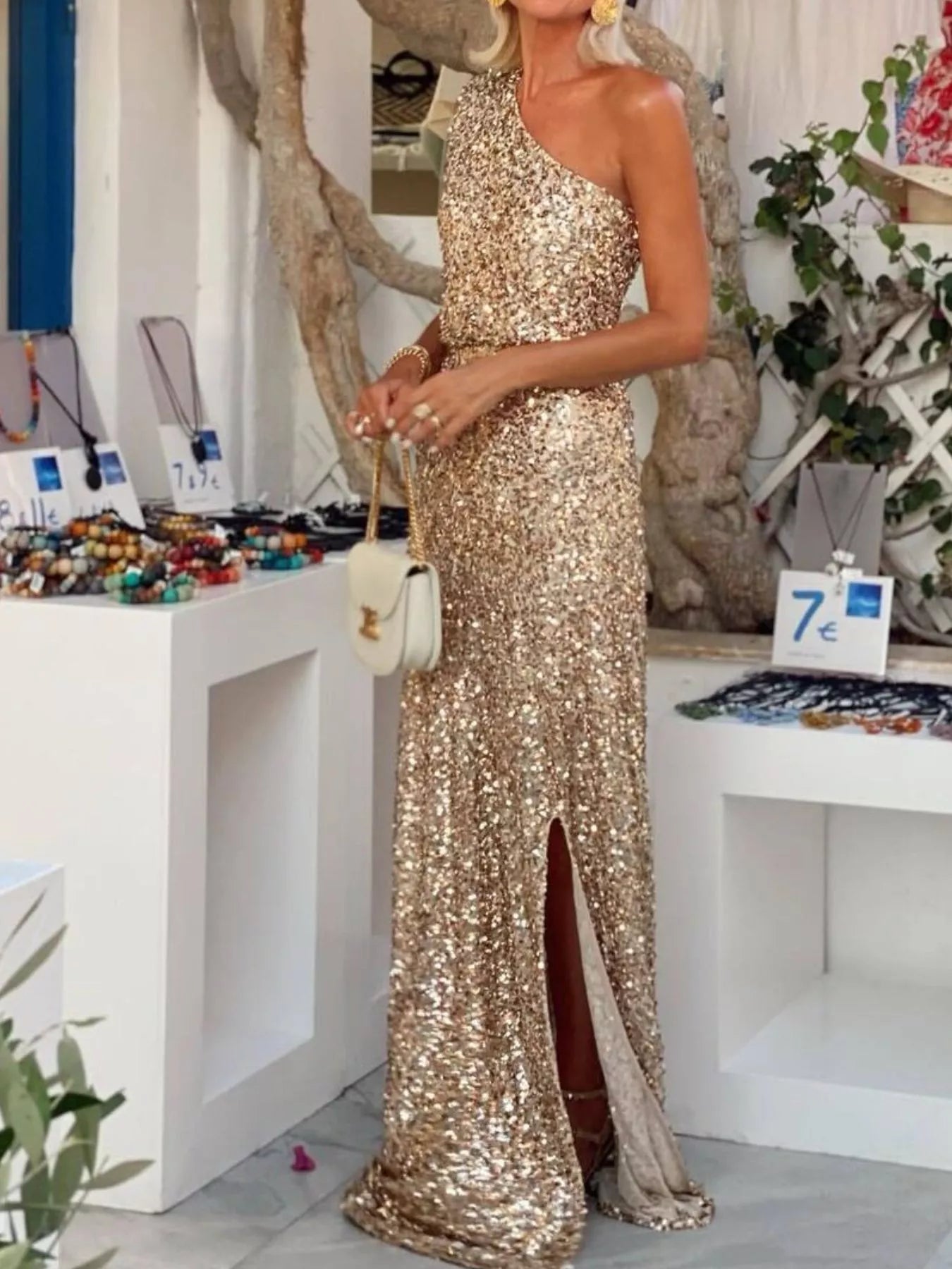 Sequin One-Shoulder Slit Maxi Dress-Nordavory