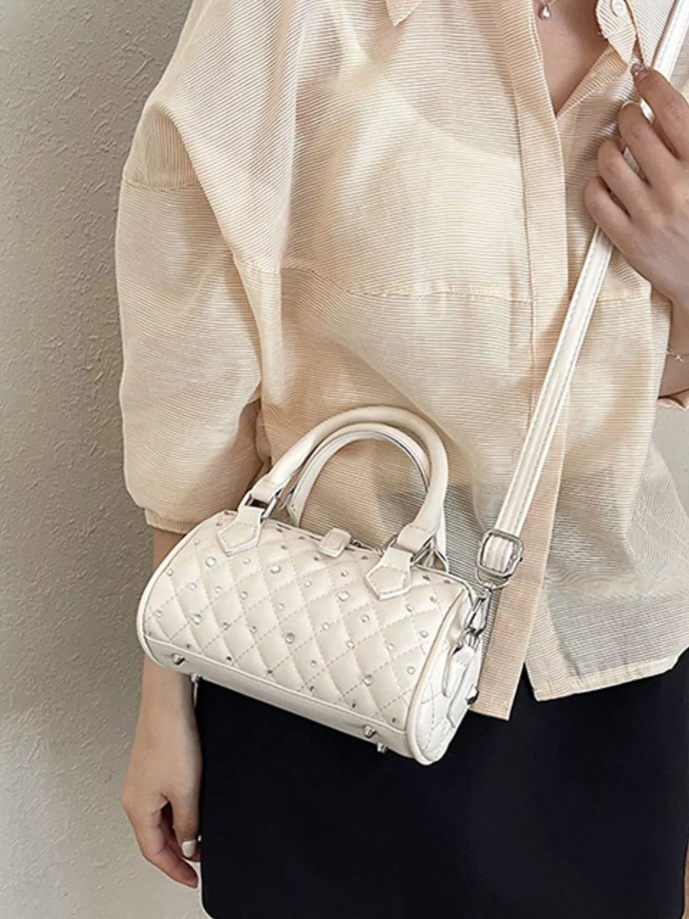 Quilted Barrel Handbag – Off-White PU Leather – image 6