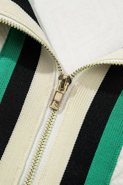 Striped Collared Zip Up Textured Dress-Nordavory