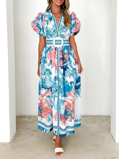 Printed Puff Sleeve Midi Dress-Nordavory