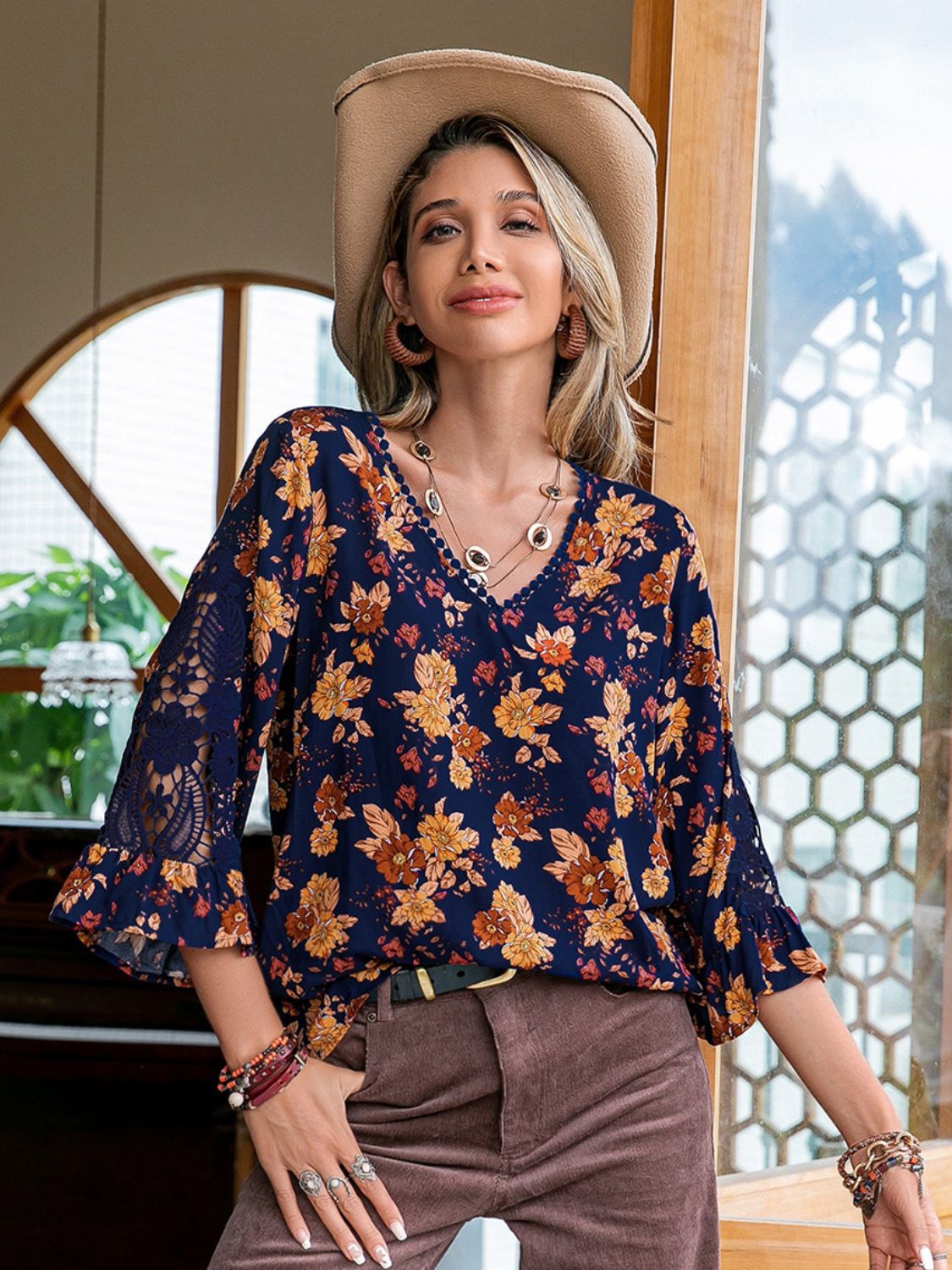 Floral V-Neck Crochet Blouse-Nordavory