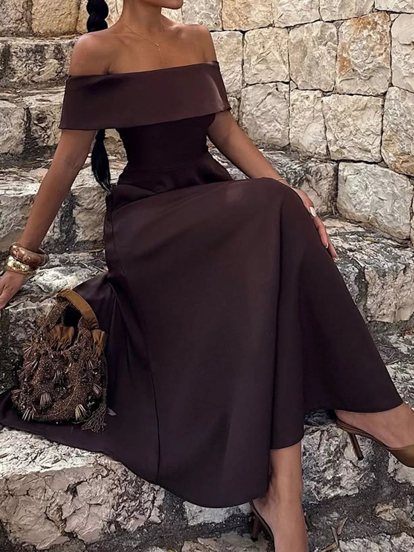 Off-Shoulder A-Line Maxi Dress-Nordavory