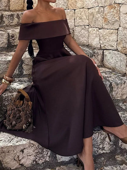 Off-Shoulder A-Line Maxi Dress-Nordavory