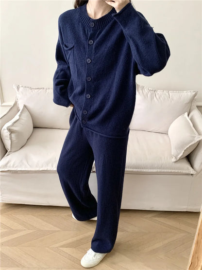 Pocketed Round Neck Button Up Cardigan and Pants Sweater Set-Nordavory