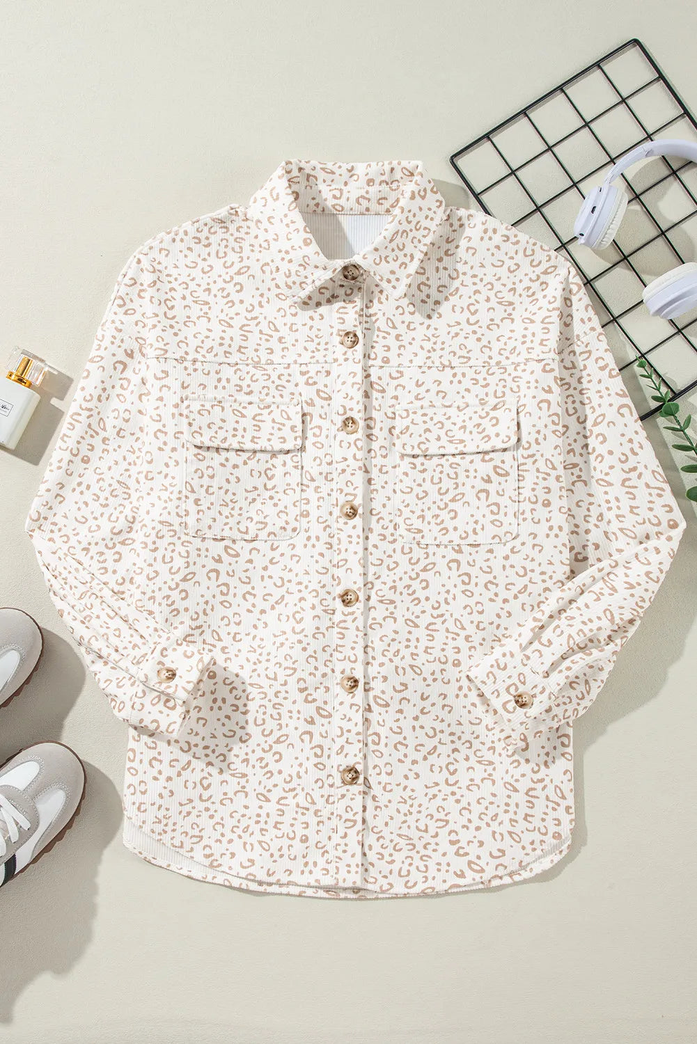 Leopard Collared Neck Dropped Shoulder Jacket-Nordavory
