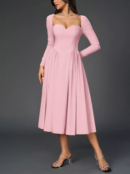Sweetheart Neckline Long Sleeve A-Line Midi Dress-Nordavory