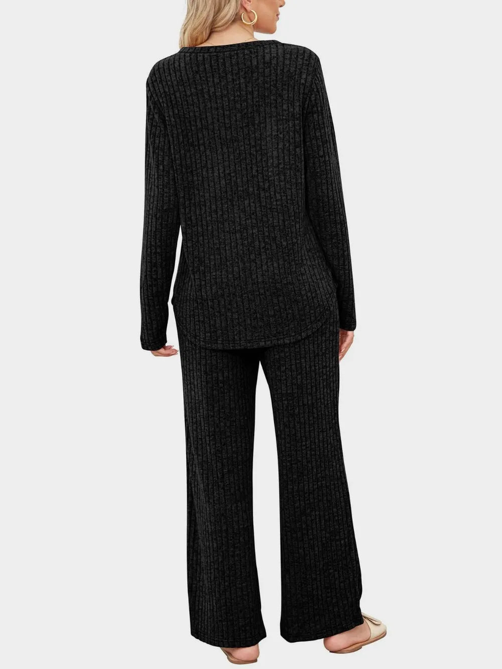 Round Neck Long Sleeve Top and Pants Set-Nordavory