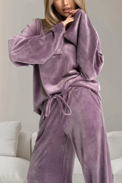 Buttery-Soft Round Neck Long Sleeve Top and Drawstring Pants Set-Nordavory