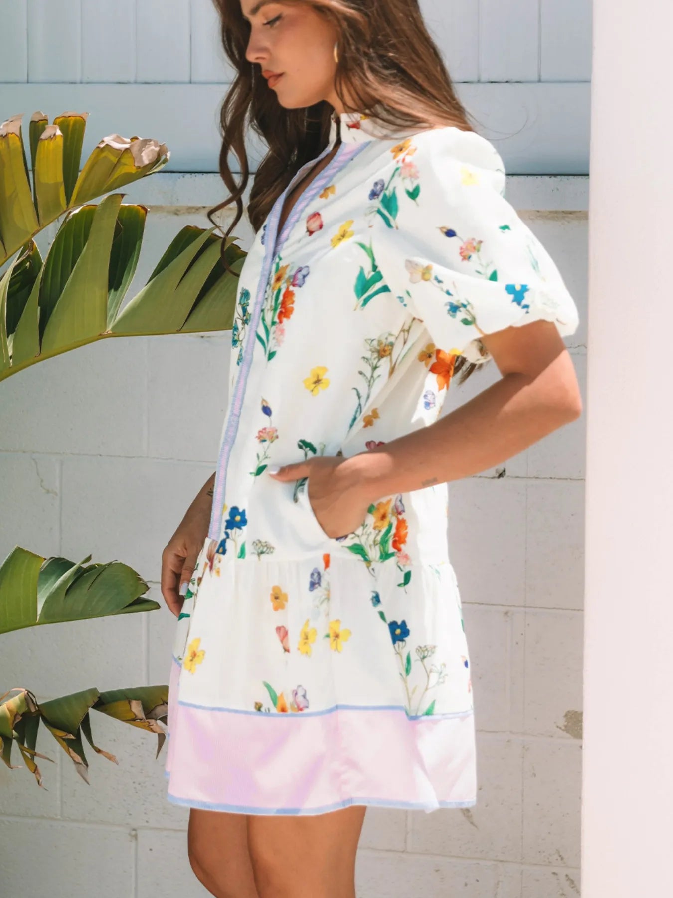 Floral Print Notched Short Sleeve Dress-Nordavory