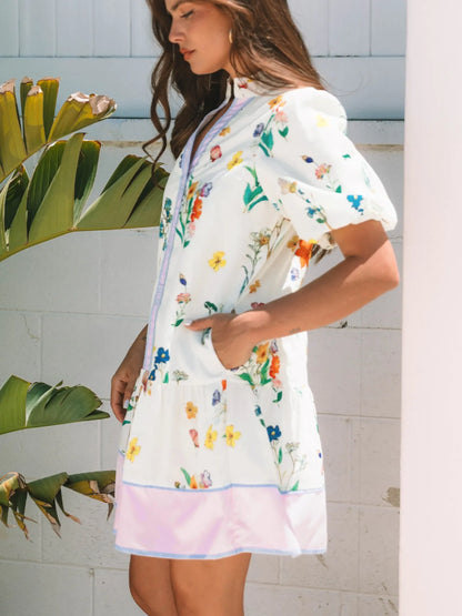 Floral Print Notched Short Sleeve Dress-Nordavory