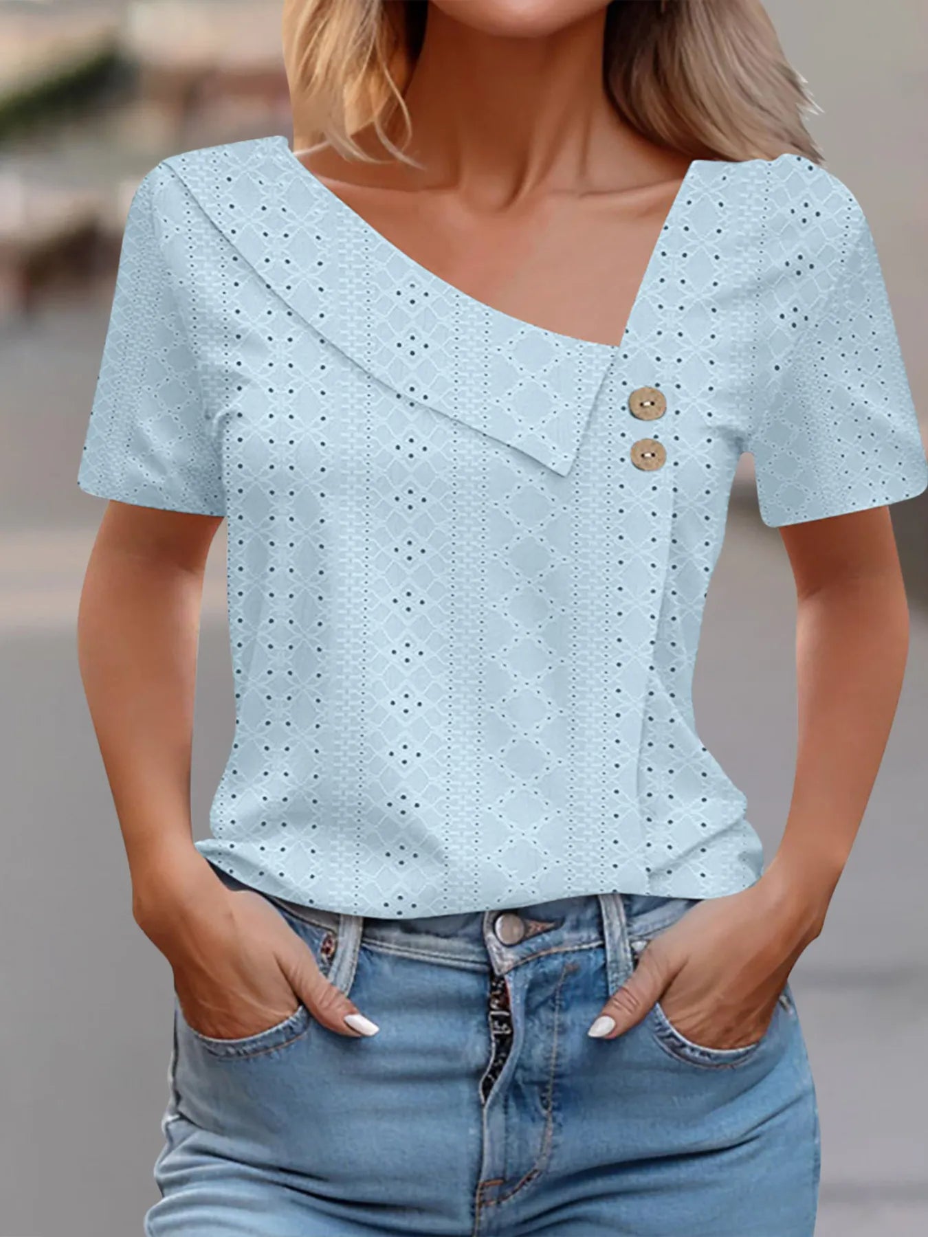 Eyelet Asymmetrical Short Sleeve T-Shirt-Nordavory