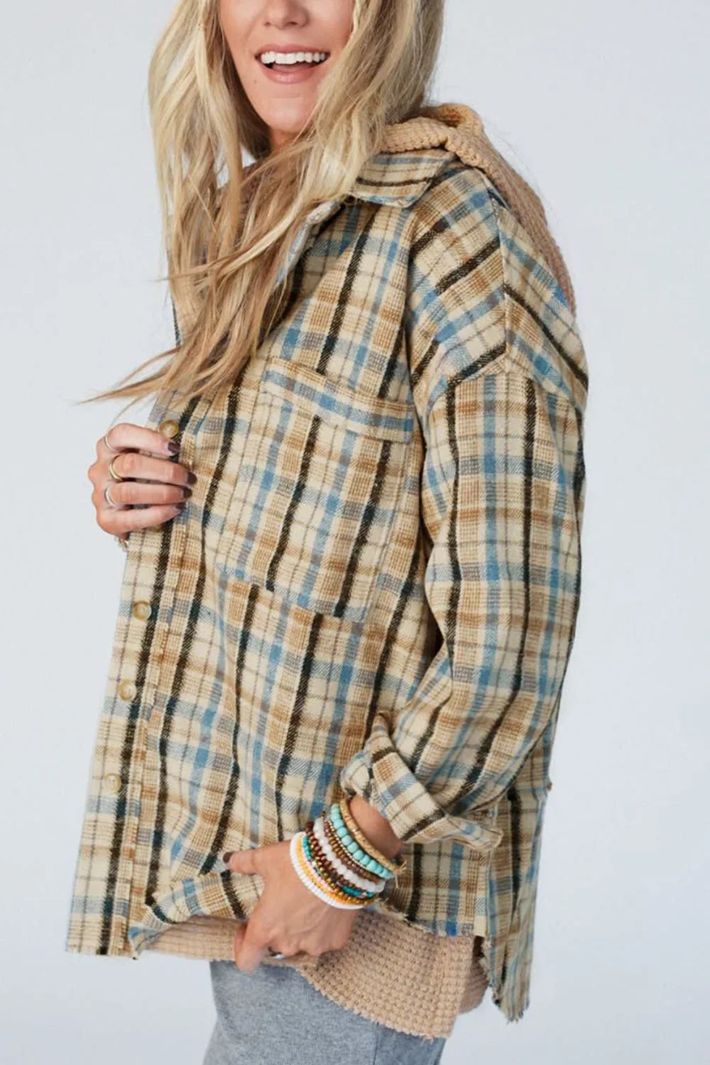 Drawstring Waffle Knit Patchwork Hooded Plaid Shacket-Nordavory